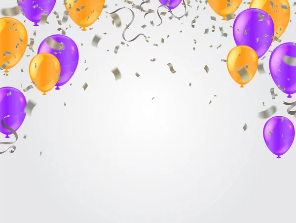 Ballons Violets Violets Jaunes Avec Confettis Illustration Vectorielle — Image vectorielle