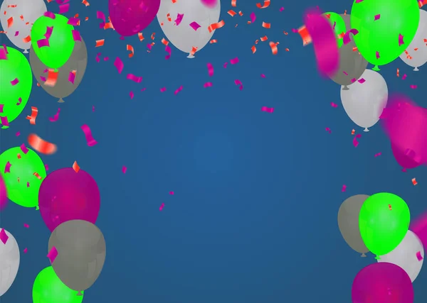 Farbige Luftballons Und Konfetti Auf Blauem Hintergrund Vektorillustration — Stockvektor