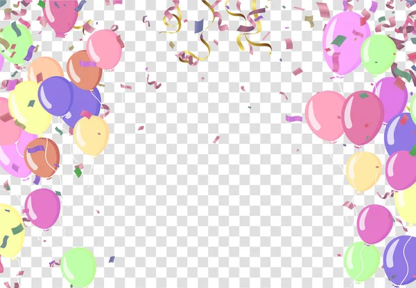 Balões Coloridos Confetes Fundo Transparente Ilustração Vetorial —  Vetores de Stock