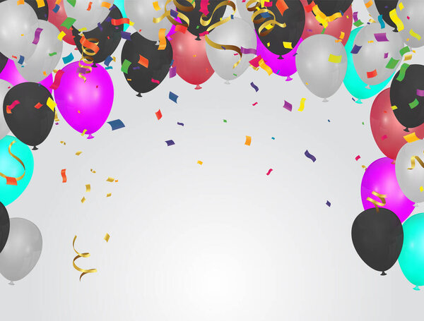 Celebration background with balloons and confetti. Vector illustration.
