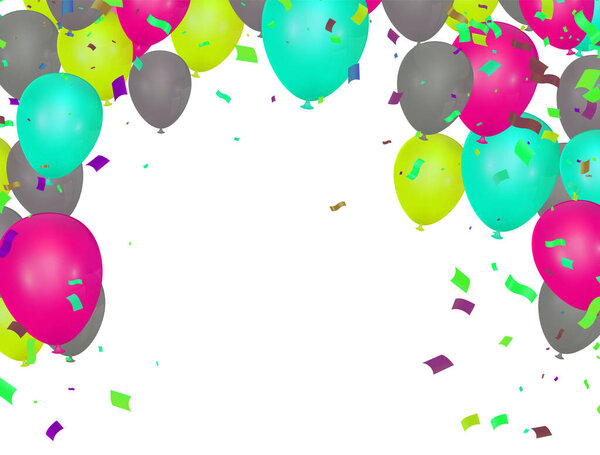 Colored balloons and confetti on white background. Vector illustration.