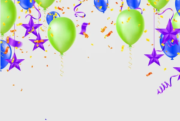 Ballons Colorés Confettis Banderoles Sur Fond Blanc Illustration Vectorielle — Image vectorielle