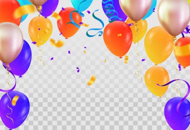 Balonlar ve konfetilerle renk çeşitliliğini kutluyoruz. Vektör illüstrasyonu.