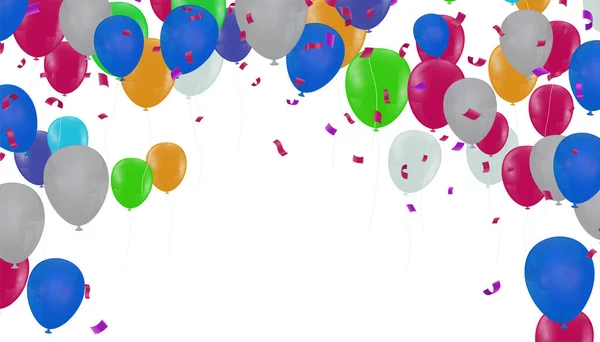 Balões Coloridos Confetes Sobre Fundo Branco Ilustração Vetorial — Vetor de Stock