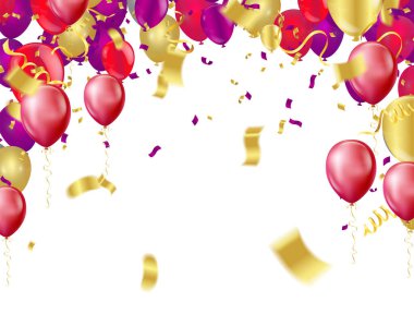 Mutlu doğum günü tebrik kartı. Parti balon, konfeti ve renkli bayraklar.