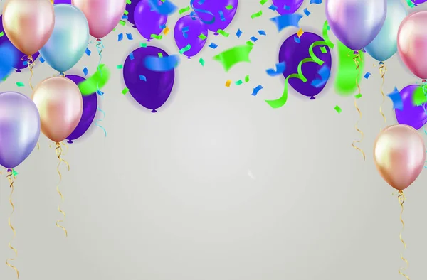 Ballons Colorés Confettis Sur Fond Blanc Illustration Vectorielle — Image vectorielle