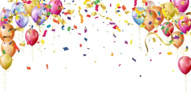 Mutlu yıllar yatay illüstrasyon. Şenlikli süslemeler için konfetiyle balonlarla kutlayın..