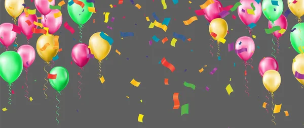 Mutlu Yıllar Yatay Illüstrasyon Şenlikli Süslemeler Için Konfetiyle Balonlarla Kutlayın — Stok Vektör