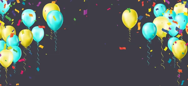 Mutlu Yıllar Yatay Illüstrasyon Şenlikli Süslemeler Için Konfetiyle Balonlarla Kutlayın — Stok Vektör