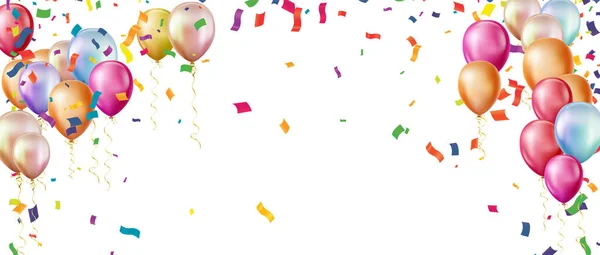 Happy Birthday Horizontal Illustration Celebrate Balloons Confetti Festive Decorations Vector — Stock Vector