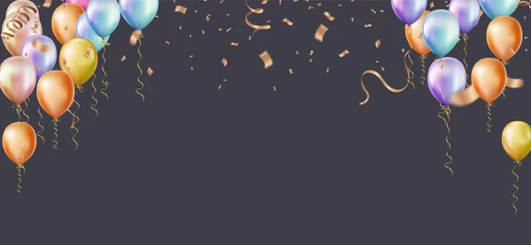 Gelukkige Verjaardag Horizontale Illustratie Vier Met Ballonnen Met Confetti Voor — Stockvector