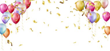 Mutlu yıllar yatay illüstrasyon. Şenlikli süslemeler için konfetiyle balonlarla kutlayın..