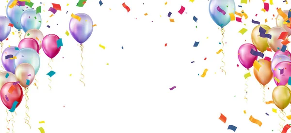 Gelukkige Verjaardag Horizontale Illustratie Vier Met Ballonnen Met Confetti Voor — Stockvector