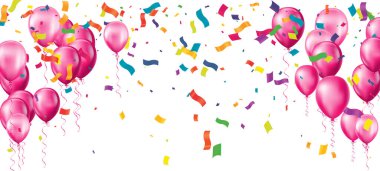 Mutlu yıllar yatay illüstrasyon. Şenlikli süslemeler için konfetiyle balonlarla kutlayın..