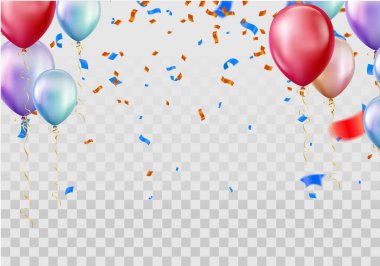 Mutlu yıllar vektör arkaplan tasarımı. Mutlu yıllar sana balonlu mesajlar, kırmızı, mavi, mor