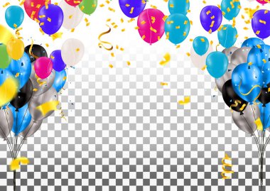 Renkli konfeti, balon ve kurdeleli kutlama vektör arkaplanı / Mutlu Yıllar tebrik kartı