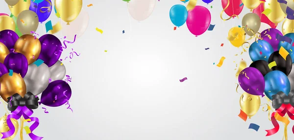 Fundo Vetor Celebração Com Confetes Coloridos Balões Fitas Feliz Aniversário —  Vetores de Stock
