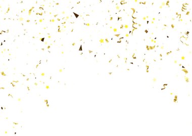 Şeffaf arka planda izole edilmiş altın renkli konfeti. Düşen yılan gibi. Gerçekçi parlak yılan gibi. Uçan Noel süsleri. Yıldönümü dekoratif unsurları. vektör