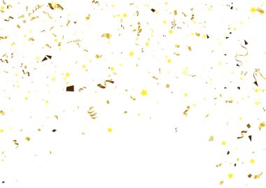 Beyaz arka planda izole edilmiş altın konfetileri. Şenlikli vektör illüstrasyonu.Lüks, küçük, şeffaf, aflık, afiş, grup, renkli, eve, mutluluk, xmas, düğün, şablon, element, uçma, tasarım, yeni, sürpriz, vektör, fiesta, parlak, festival, yıldönümü,