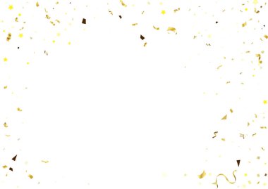 Beyaz arka planda altın konfeti. Altın süslemeli ve yılanlı şenlikli bir arka plan. Vektör illüstrasyonu.