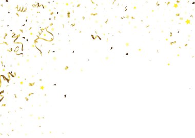 Beyaz arka planda altın konfeti. Altın kurdeleli şenlikli bir arka plan..