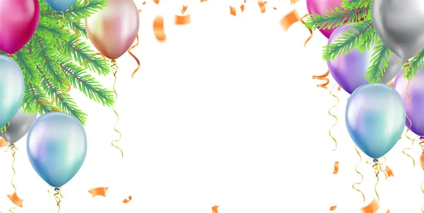 Achtergrond Met Ballonnen Sparren Takken Confetti Vectorillustratie — Stockvector
