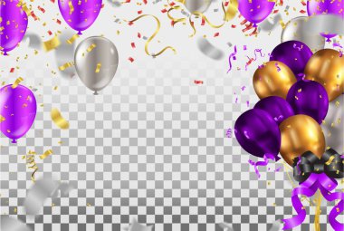 Şeffaf Arkaplanda Mor ve Altın Balonlar ve Konfeti. Vektör İllüstrasyonu