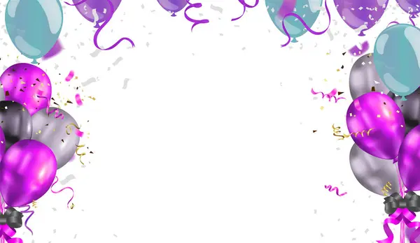 Purple Balloons Confetti Ribbons White Background Vector Illustration — Stock Vector