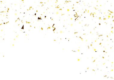 Beyaz arka planda altın konfeti. Parlak parçacıkların yansıması. Tasarımınız, kartlarınız, davetiyeleriniz, hediyeleriniz, VIP 'niz için dekoratif öge.