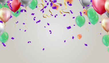 Gerçekçi bir balonla doğum günün kutlu olsun, renkli bayraklı Vektör illüstrasyon kutlama balonu, yıldönümü ışığı ve ışıltılı arka plan.