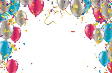 Beyaz arka planda renkli balonlar ve konfeti. Vektör illüstrasyonu.