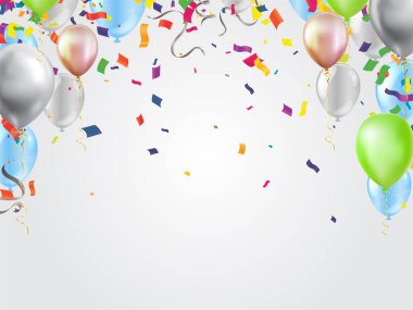 Soyut vektör arkaplanı ve vektör parti balonları çizimi. Konfeti ve kurdeleler bayrak kurdeleleri, kutlamalar