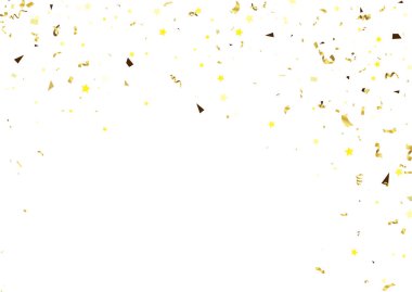 Konfeti ve Parıltılı Parti Tatil Arkaplanı Kurdelesi 'nin afiş tasarımını kutlarım. Vektör İllüstrasyonu