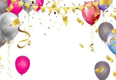 Kurdeleli şenlikli gerçekçi balonlarla dolu bir arka plan. Altın parıltılarla süslenmiş balonla kutlama tasarımı. Doğum günü şablonunu kutlayın.