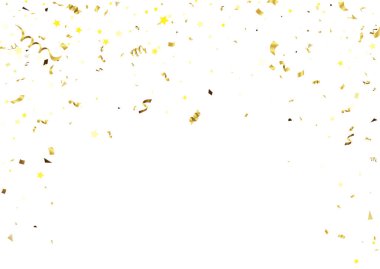 Beyaz arka planda altın balonlar, konfeti ve flamalar. Vektör illüstrasyonu.