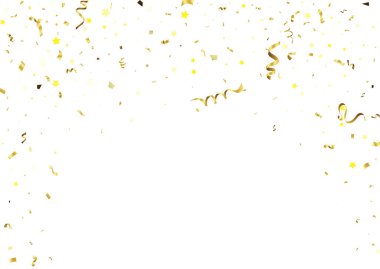 Birçok Düşen Altın Konfeti ve Şeffaf Arkaplanda Kurdele. Kutlama Olayı ve Parti. 