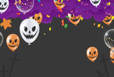 Mutlu Cadılar Bayramı afişleri parti balonları, hayaletler, yarasalar, parti davetiyesi vektör illüstrasyonu