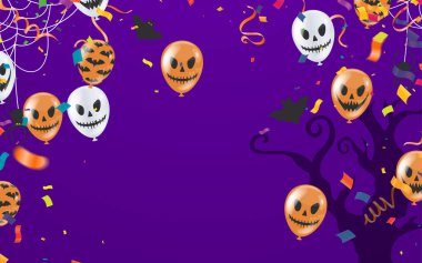 Mutlu Cadılar Bayramı afişleri parti balonları, hayaletler, yarasalar, parti davetiyesi vektör illüstrasyonu