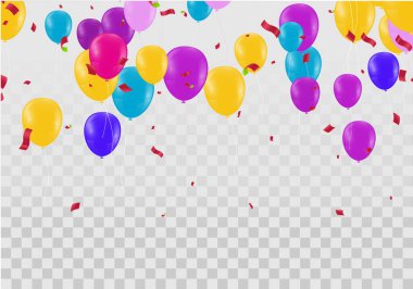 Kutlama pankartı konfeti ve çeşitli renk balonları ile