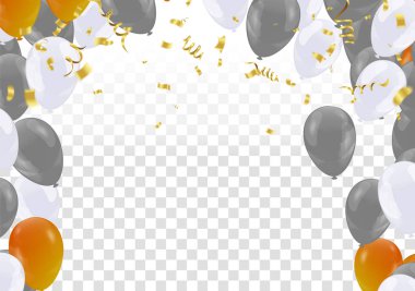 Kutlama pankartı arka planında konfeti, beyaz sarı balonlar ve neşeli bir ruh hali var. Noel, yeni yıl, doğum günü ya da düğün kutlaması