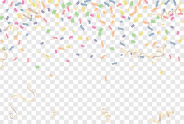Şeffaf arka planda renkli konfeti. Festivalsel vektör illüstrasyonu.