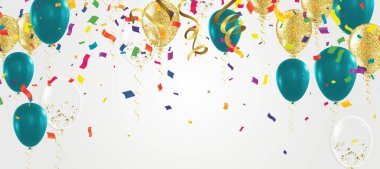 Tebrik kartları ve yeşil balonlu poster için Mutlu Yıllar tipografi vektör tasarımı