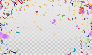 Konfeti. Şeffaf arka planda renkli konfeti. Festivalsel vektör illüstrasyonu.