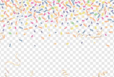 Şeffaf arka planda renkli konfeti. Festivalsel vektör illüstrasyonu.