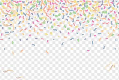 Şeffaf arka planda renkli konfeti. Festivalsel vektör illüstrasyonu.