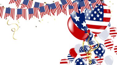 Hava balonlu Usa Bağımsızlık Günü posteri ve Amerikan bayraklarından bir çelenk. Amerikan Anma Günü posteri, vektör illüstrasyonu