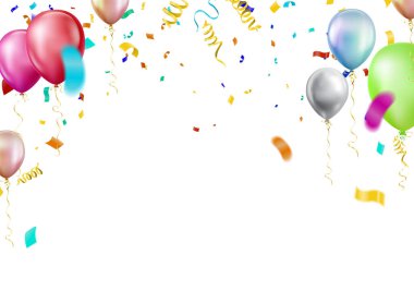 Beyaz arka planda renkli parti balonları için yer var. Kutlama partisi ve fotokopi odalı mutlu yıllar dekorasyonu. Çok renkli balon seti 