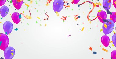 Renkli Parlak Helyum Balonları Grubu Arkaplanı. Doğum günü için balon seti, yıldönümü, kutlama partisi süslemeleri. Vektör 