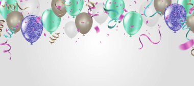 Mavi balonların arka planında parti afişi. Büyük Açılış Kartı. Lüks içinde karşılama.