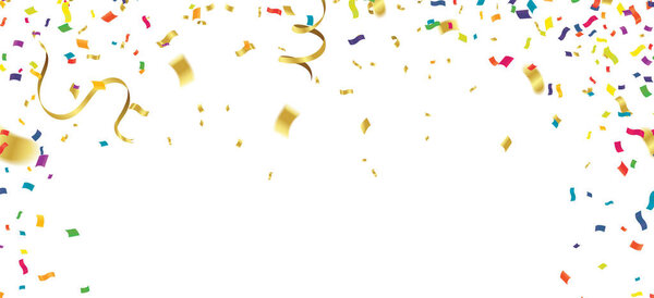 Celebration background template with confetti and streamers on white background. Vector illustration